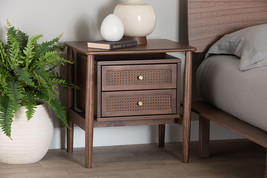 Jessen Japandi Walnut Brown Wood 2-Drawer Nightstand Woven w/Rattan - $3,040.90 MXN