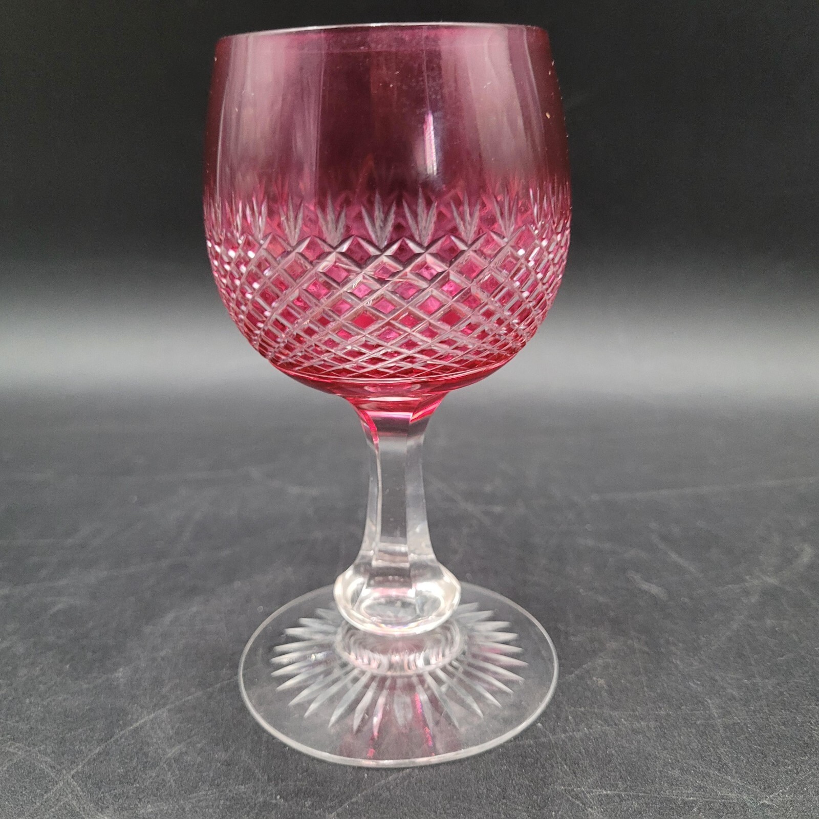 Vintage Cranberry Red Pink Cordial Criss Cross Cut-To-Clear Glass Goblet... - $11.87