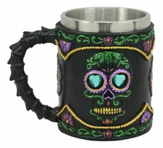 Gothic Black Day of The Dead Sugar Skull Mug Silhouette In Bright Floral... - $32.99