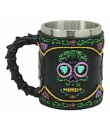Gothic Black Day of The Dead Sugar Skull Mug Silhouette In Bright Floral... - $45.09 CAD