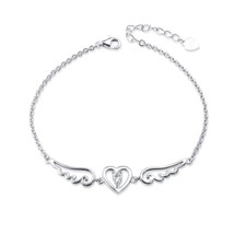 S925 Sterling Sliver Angel Wing Charm Cubic Zirconia Resizable Bracelet ,Rolo Ch - £46.31 GBP