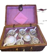 Vintage Antique Porcelain Children&#39;s Tea Set in Wicker Basket -  17pieces - $437.82 MXN