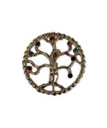 Vintage Tree of Life Rhinestone Brooch Silver Tone Multicolor Round Pin - $12.60
