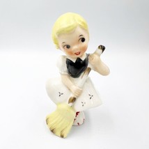 Vtg Ucago Girl Figurine Japan Holding Broom Rosy Cheeks Blonde - $19.99