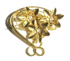 Vintage 1940s Retro Period Gold Plated Clear Rhinestone Flowers Large Brooch - £17.65 GBP