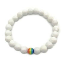 Rainbow And Stone Bead Bracelet 8mm White Stretch Lgbtq Gay Pride Women Men - £7.07 GBP
