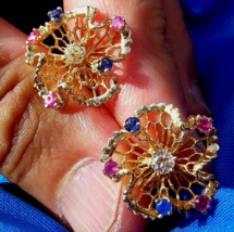 Earth mined Diamond Sapphire Deco Earrings Vintage Filigree Designer 14k... - $2,177.01