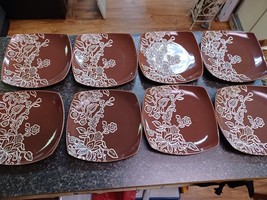 8 Jaclyn Smith Global Floral Salad Plate Square Brown Ivory Green Floral Retired - $49.49