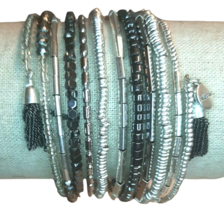 Silver Beaded Black Coiled Wrap Bangle Bracelet Stella &amp; Dot Retired - $39.26