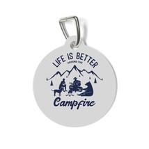 Personalized Pet Tag with Camping Design, 1&quot; Round, White Metal, Durable &amp; Rust- - £13.84 GBP