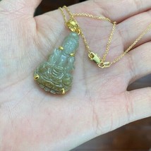  14K Real solid Gold Genuine Natural Jade Kwan Yin Lady Buddha Pendant Necklace  - $512.50+