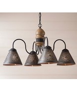 PRIMITIVE AGED PEAR WOOD CAMBRIDGE CHANDELIER w/ 4 Punch TIN Shades/ FRE... - £276.87 GBP