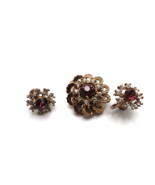 VINTAGE GOLD PURPLE STONE ACCENT BROOCH/ PENDANT AND EARRINGS SET  - £30.25 GBP