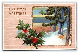 Christmas Greetings Embossed Winter Scene Holly UNP DB Postcard S14 - £3.07 GBP
