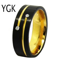 Wedding Jewelry Matte Black With Golden Grooves CZ Tungsten Rings for Men&#39;s Brid - £37.26 GBP