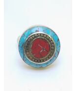 Boho Tibetan Brass Ring with Turquoise and Coral Inlay – Handmade Ethnic... - $50.00