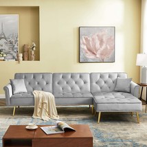 Velvet Sectional Sofa Bed w/ Ottoman &amp; Nailhead Trim (Light Grey) - $373.99