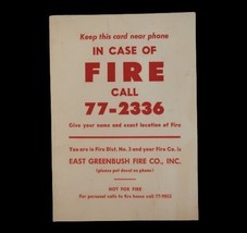 Vtg Fire Dept Ephemera Emergency Card Circa 1950 s East Greenbusy NY - £15.46 GBP