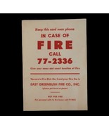 Vtg Fire Dept Ephemera Emergency Card Circa 1950 s East Greenbusy NY - $19.99