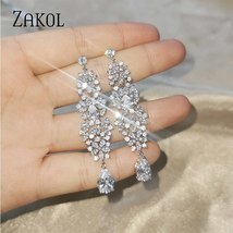 ZAKOL New Arrival Cubic Zirconia Flower Long Dangle Earrings for Women Luxuriy M - £17.62 GBP