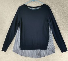 Halogen Wool Blend Hi Low Sweater shirt Combo Sz L Knit Blue Striped Pop... - $20.21