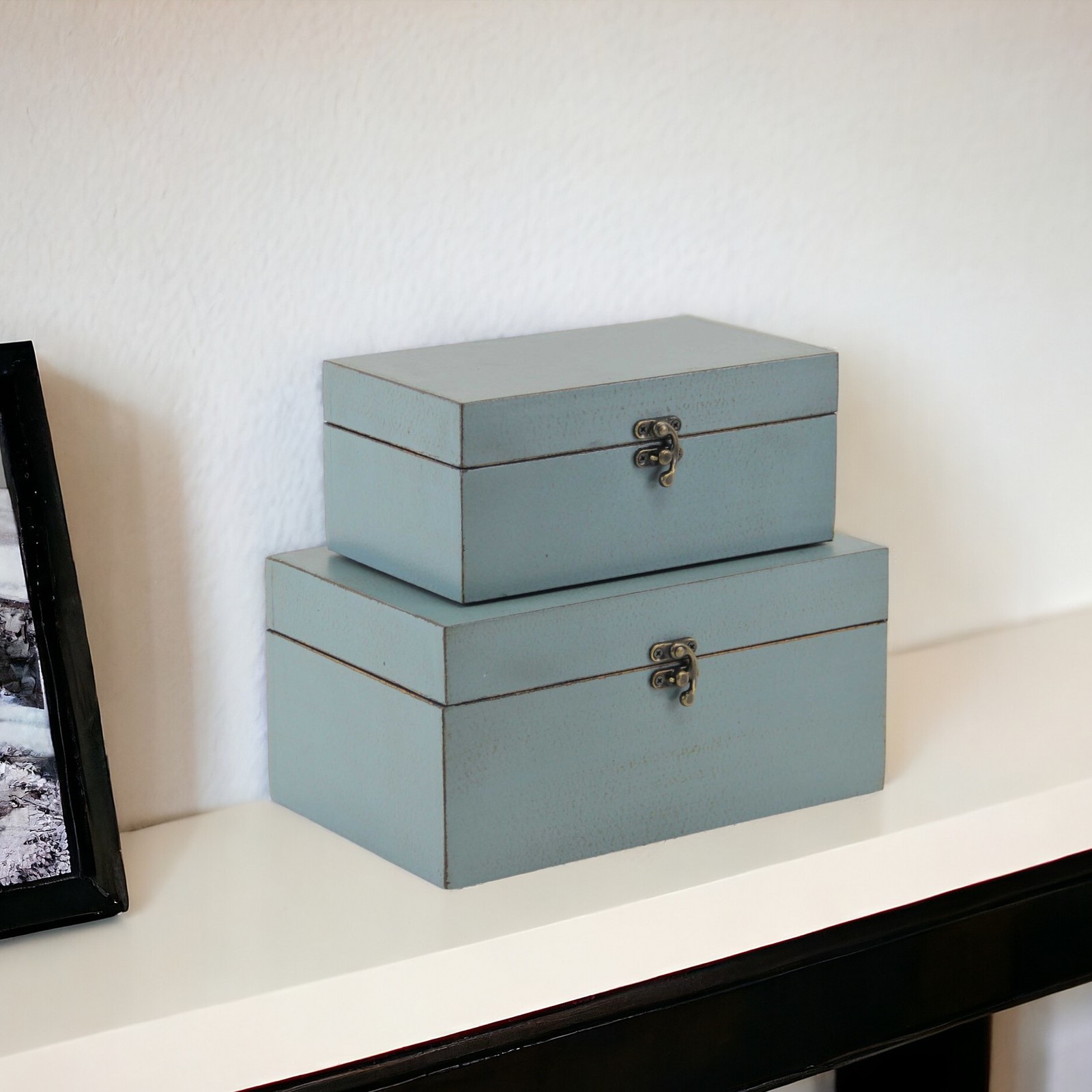 Set of Two Pale Blue Wooden Storage Boxes - $122.84