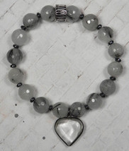 Rutilated Quartz Hematite Spacer Heart Charm Stretch Bracelet Handmade 7.5&quot; New - £17.63 GBP