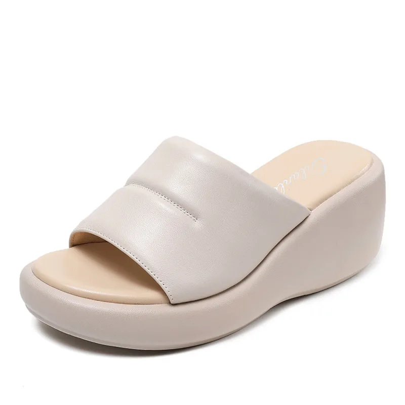 Concise Summer Platform Slippers Women Outside Genuine Leather Open Toe Wedges S - £61.29 GBP