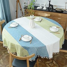 Fhberni Round Tassel Plaid Tablecloth Heavy Weight Cotton Linen Fabric Table Hom - £47.18 GBP