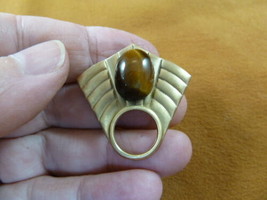 E795-4 brown stone + striped art deco brass Eyeglass pin pendant ID badge holder - £12.46 GBP