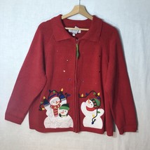 Tiara International Size XL Red Zip Cardigan Sweater Felt Applique Snowmen - £31.00 GBP