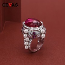 OEVAS Top Quality 100% Solid 925 Sterling Silver 13x18MM Ruby Pearl Gemstone Rin - $98.21