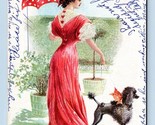 Ewardian Woman in Red Dress w Parasol Walking Poodle Dog 1909 DB Postcar... - $15.79