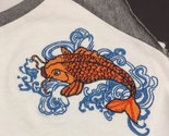 Women’s Medium Koi Fish Muscle Tee T-shirt White Gray Raglan Embroidered... - $13.75