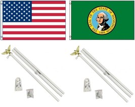 AES 3x5 3&#39;x5&#39; USA American w/State of Washington Flag w/Two 6&#39; White Flagpole Po - £42.90 GBP
