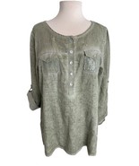 Soft Surroundings 100% Linen Sequin Tunic Top XL Green Roll Tab Sleeves Pockets - $24.18