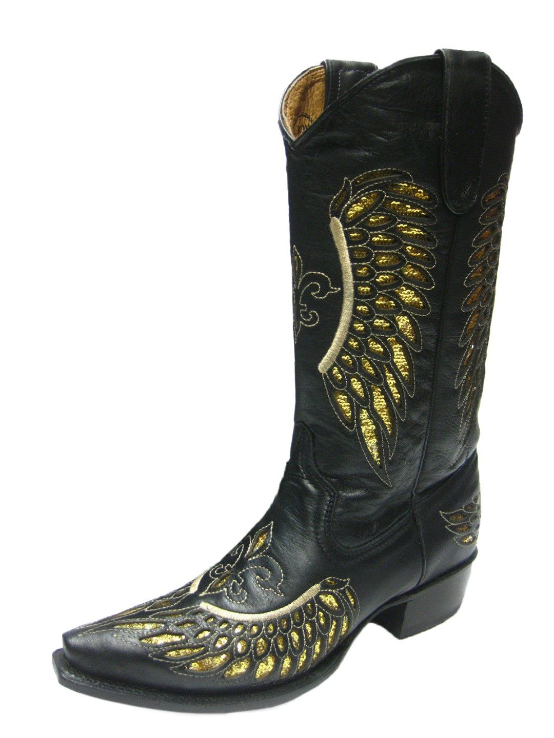 Womens Western Boots Black Leather Gold Sequins Fleur-De-Lis Wings Size ... - $76.82
