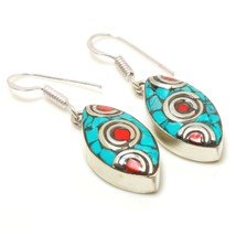 Red Coral Turquoise Handmade Drop Dangle Jewelry Earrings Nepali 1.60&quot; SA 3235 - £6.22 GBP