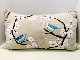 Levtex Linen Bluebirds On Dogwood Branch Tan Oblong Sofa Pillow 24” X 14” - £17.26 GBP