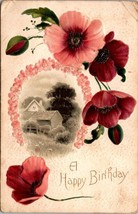 Vintage 1912 Happy Birthday Poppies Postcard with Floral Design &amp; Country Scene - $7.85