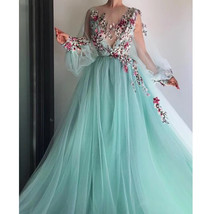 V-Neck  Tulle  Flowers  Floor Length Sheer Straps  Long Sleeves  Party Dresses - £126.91 GBP