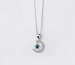 18K 925 Sterling Silver Sweet Blue Star Sparkling Moon Pendant Necklace (18&quot;) - £19.13 GBP