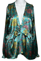 Asos Blouse Women&#39;s Size 8  Medium Blue Satin Plunge Neckline Bohemian Floral - £15.89 GBP