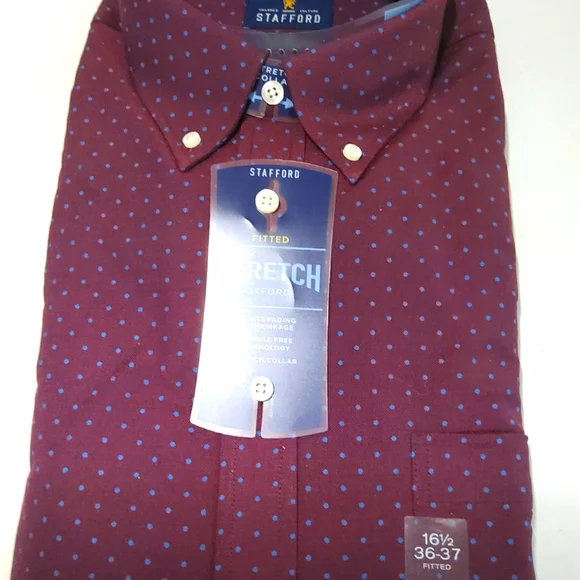 Stafford Mens Travel Easy-Care Maroon Blue Dots Fitted Dress Shirt 16 1/... - £23.49 GBP