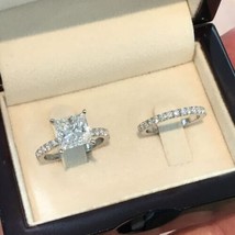 Princess Cut 2.85Ct White Moissanite Engagement Ring Set 14k White Gold Size 7 - £268.99 GBP