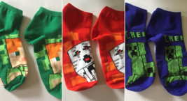 Boy&#39;s Minecraft Red Blue &amp; Green Low Cut Socks Shoe Size 3-10 Socks - $9.86