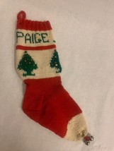 Vintage Hand Knit Christmas Stocking, 1948, &quot;PAIGE&quot;, Christmas Trees, BELLS - £31.64 GBP