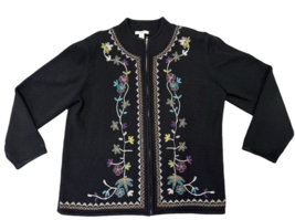 Dressbarn Black Embroidered Floral Long Sleeve Zip Up Cardigan Sweater 1... - £15.71 GBP