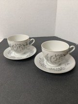 2 Napcoware Fine China White And Silver 25th Anniversary Tea Cups Saucers C6836 - £6.39 GBP