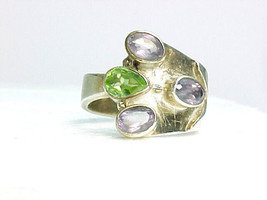 GREEN PERIDOT and PURPLE AMETHYST Vintage RING set in Sterling Silver-Si... - $65.00